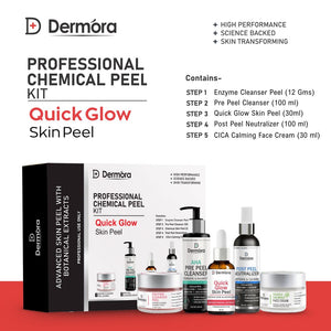 Dermora Professional Quick Glow Skin Peel Kit With 5-Steps | Enzyme Cleanser Peel (12g) | Pre Peel Cleanser (100ml) | Quick Glow Skin Peel (30ml) | Post Peel Neutralizer (100ml) | CICA Calming Face Cream (30ml)