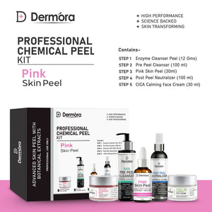 Dermora Professional Pink Skin Peel Kit With 5-Steps | Enzyme Cleanser Peel (12g) | Pre Peel Cleanser (100ml) | Pink Skin Peel (30ml) | Post Peel Neutralizer (100ml) | CICA Calming Face Cream (30ml)