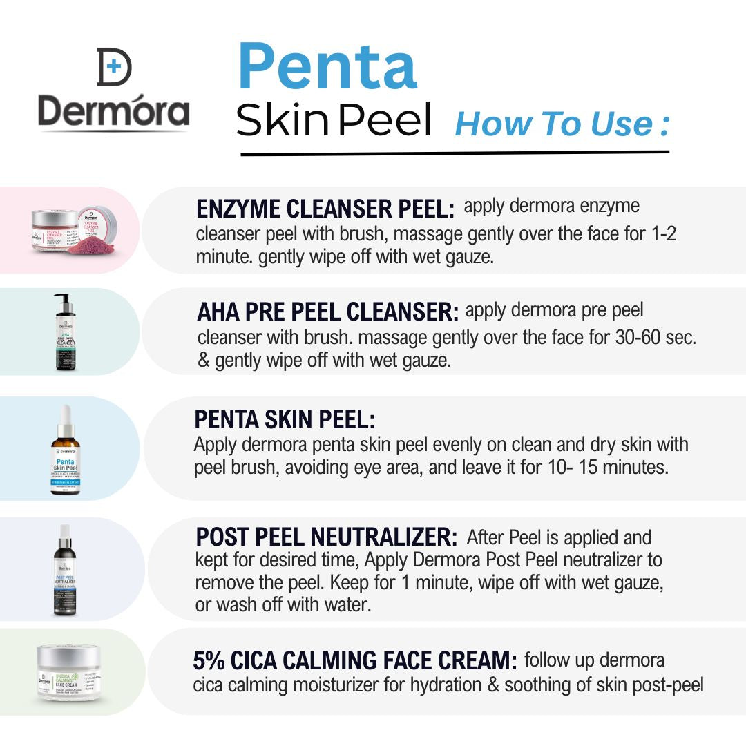Dermora Professional Penta Skin Peel Kit With 5-Steps | Enzyme Cleanser Peel (12g) | Pre Peel Cleanser (100ml) | Penta Skin Peel (30ml) | Post Peel Neutralizer (100ml) | CICA Calming Face Cream (30ml) - Dermora