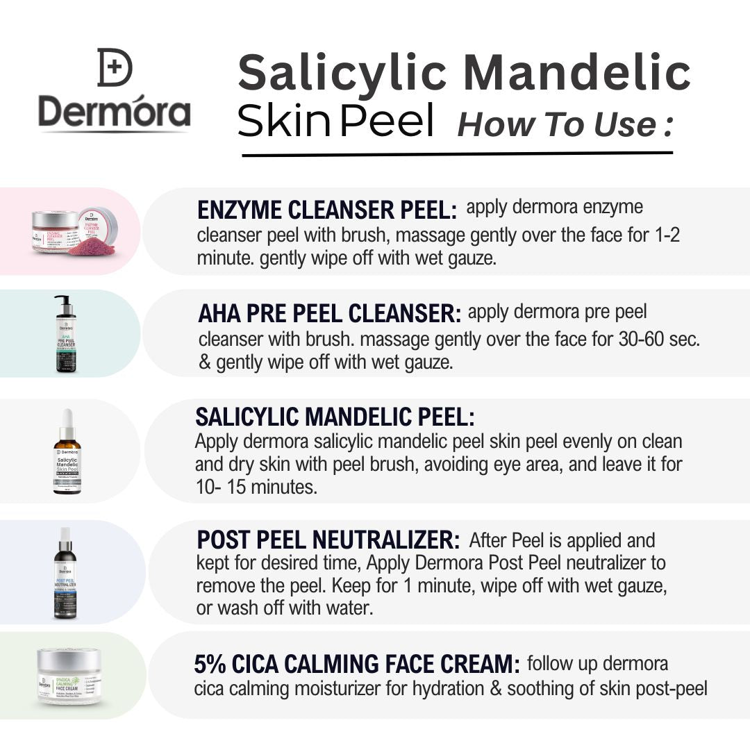 Dermora Professional Salicylic Mandelic Skin Peel Kit With 5-Steps | Enzyme Cleanser Peel (12g) | Pre Peel Cleanser (100ml) | Salicylic Mandelic Skin Peel (30ml) | Post Peel Neutralizer (100ml) | CICA Calming Face Cream (30ml)