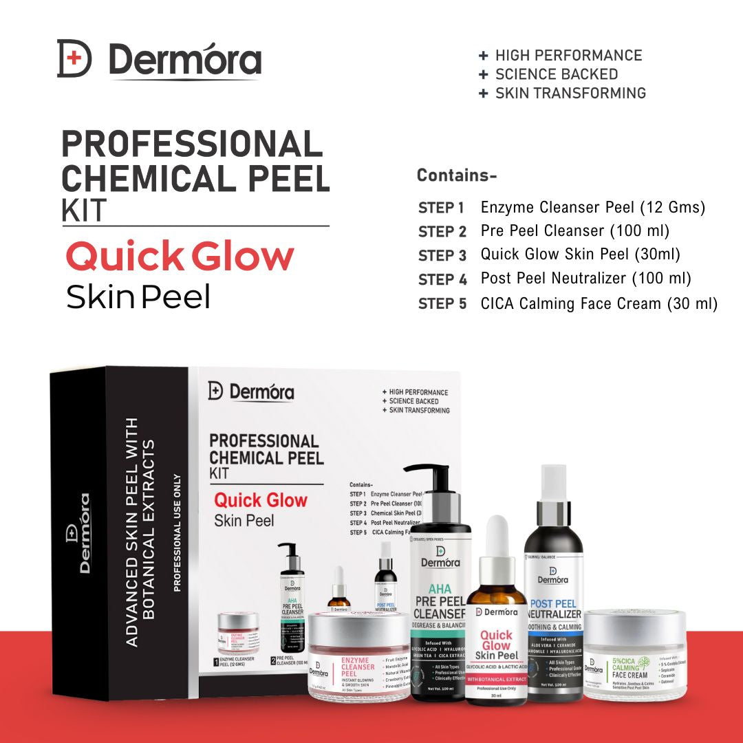Dermora Professional Quick Glow Skin Peel Kit With 5-Steps | Enzyme Cleanser Peel (12g) | Pre Peel Cleanser (100ml) | Quick Glow Skin Peel (30ml) | Post Peel Neutralizer (100ml) | CICA Calming Face Cream (30ml)