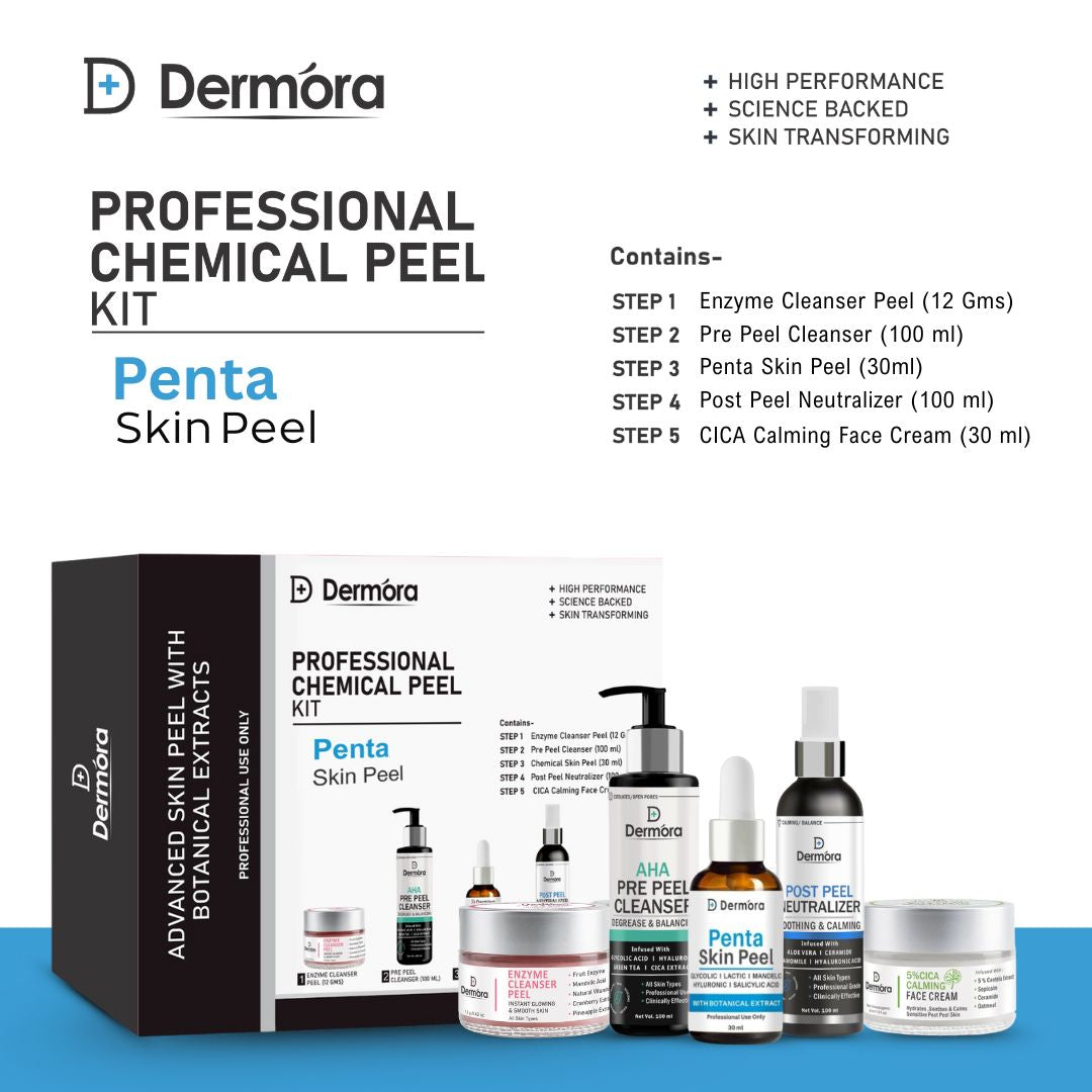 Dermora Professional Penta Skin Peel Kit With 5-Steps | Enzyme Cleanser Peel (12g) | Pre Peel Cleanser (100ml) | Penta Skin Peel (30ml) | Post Peel Neutralizer (100ml) | CICA Calming Face Cream (30ml)