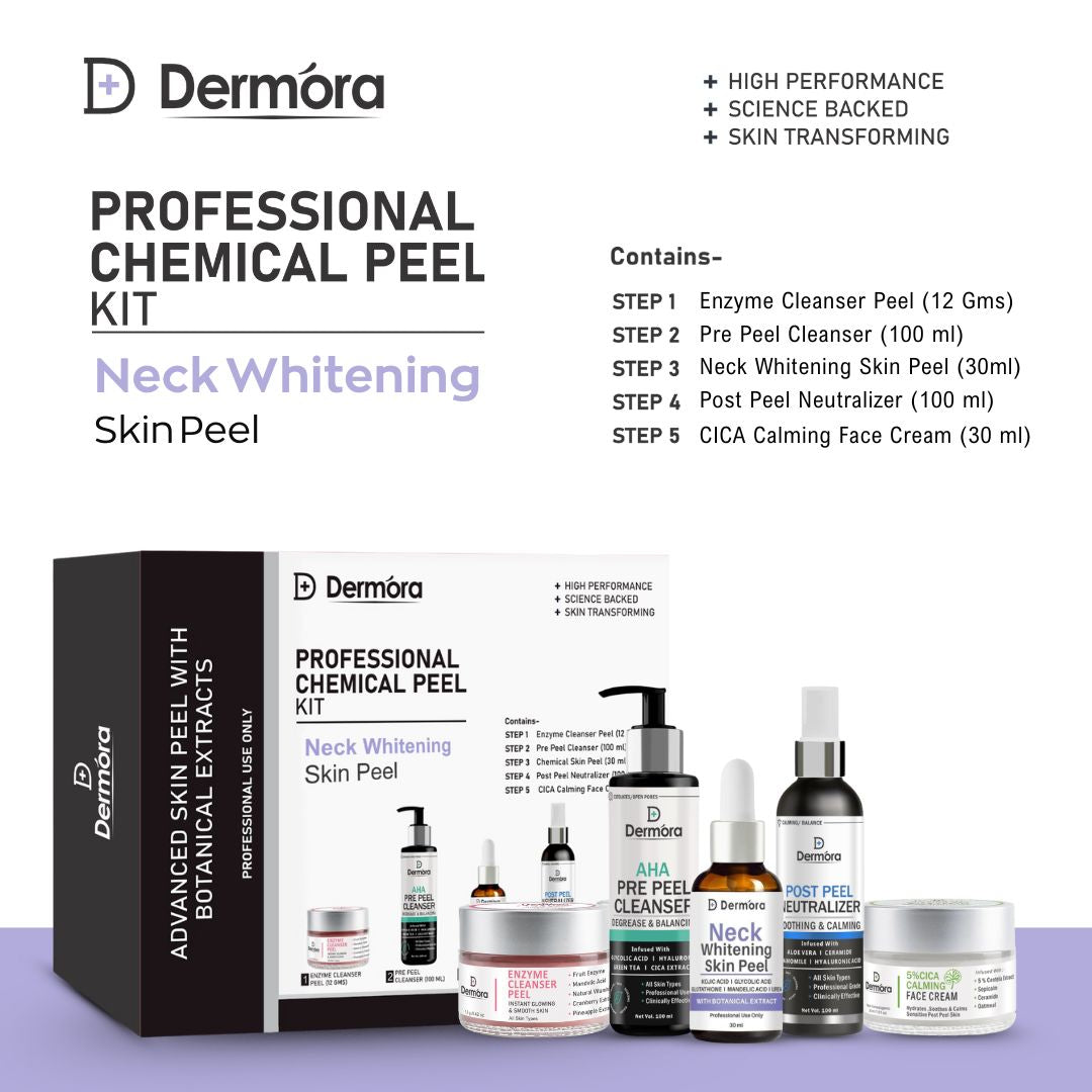 Dermora Professional Neck Whitening Peel Kit With 5-Steps | Enzyme Cleanser Peel (12g) | Pre Peel Cleanser (100ml) | Neck Whitening Peel (30ml) | Post Peel Neutralizer (100ml) | CICA Calming Face Cream (30ml)