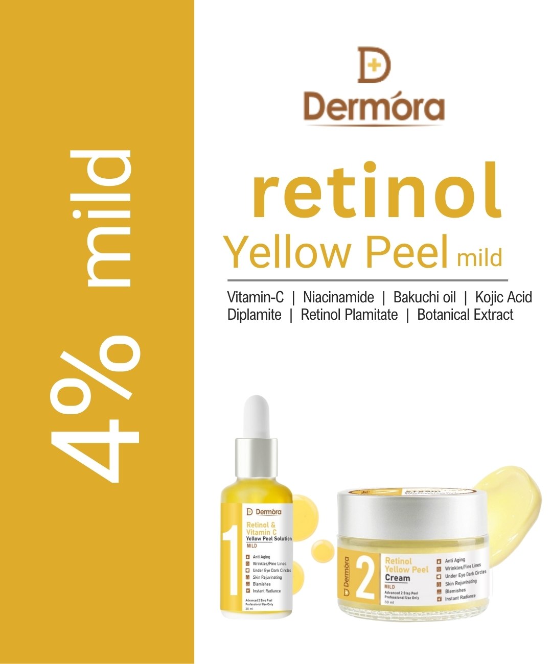 Dermora Professional 4% Mild Advanced 2-Step Retinol Yellow Peel Kit With 5-Steps | Enzyme Cleanser Peel (12g) | Pre Peel Cleanser (100ml) | Retinol & Vitamin-C Yellow Peel Solution (30ml) | Retinol Yellow Peel Cream (30ml) | Post Peel Neutralizer (100ml)