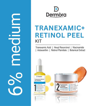 Dermora Professional 6% Medium Advanced 2-Step Tranexamic + Retinol Peel Kit With 5-Steps | Enzyme Cleanser Peel (12g) | Pre Peel Cleanser (100ml) | Tranexamic + Retinol Peel Solution (30ml) | Tranexamic + Retinol Peel Cream (30ml) | Post Peel Neutralizer (100ml)