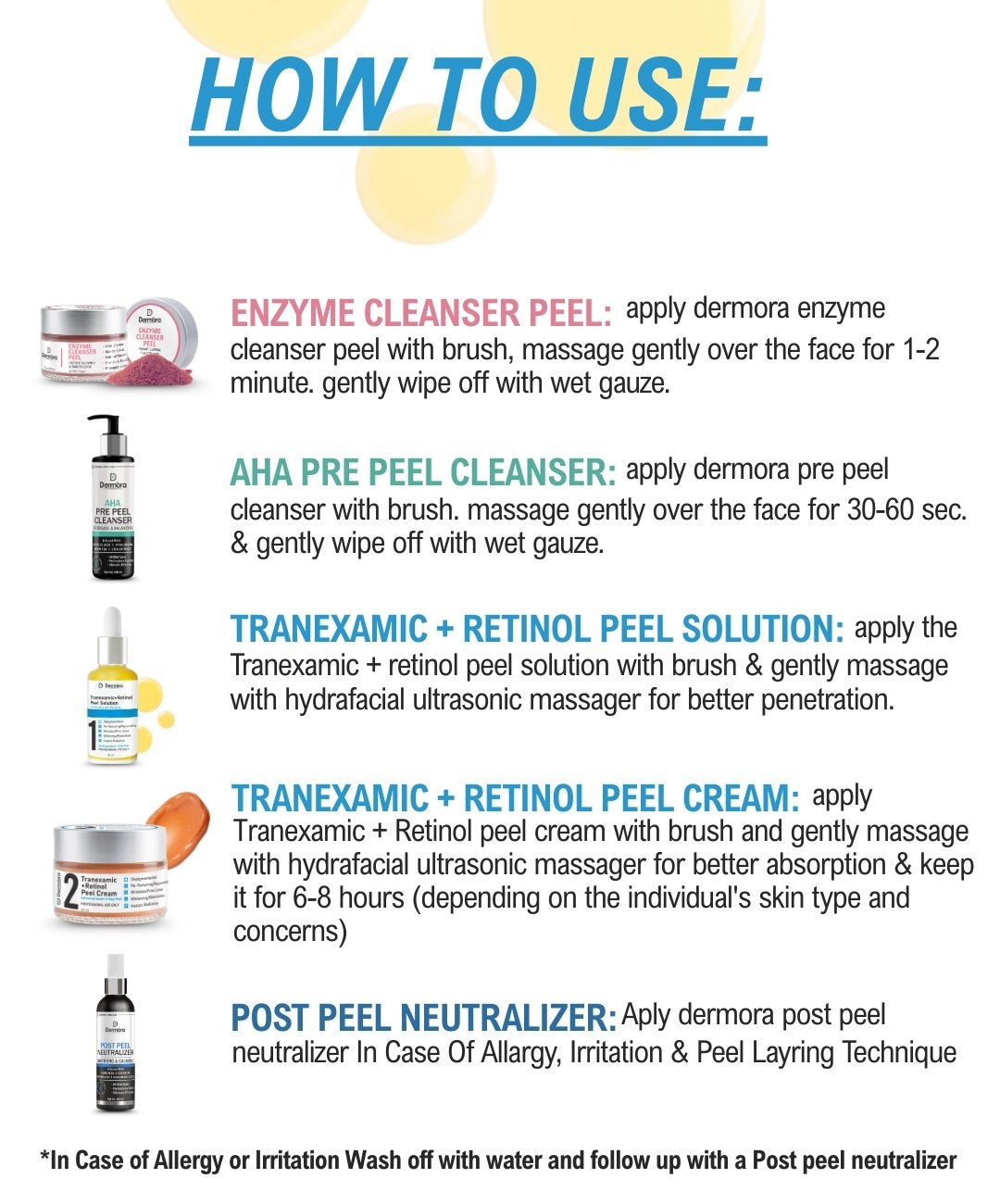 Dermora Professional 6% Medium Advanced 2-Step Tranexamic + Retinol Peel Kit With 5-Steps | Enzyme Cleanser Peel (12g) | Pre Peel Cleanser (100ml) | Tranexamic + Retinol Peel Solution (30ml) | Tranexamic + Retinol Peel Cream (30ml) | Post Peel Neutralizer (100ml)