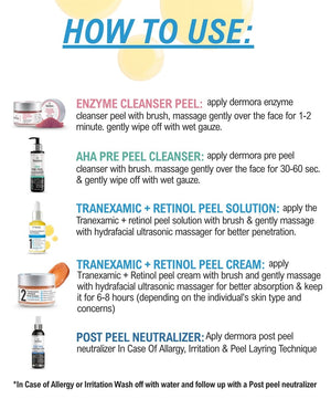 Dermora Professional 6% Medium Advanced 2-Step Tranexamic + Retinol Peel Kit With 5-Steps | Enzyme Cleanser Peel (12g) | Pre Peel Cleanser (100ml) | Tranexamic + Retinol Peel Solution (30ml) | Tranexamic + Retinol Peel Cream (30ml) | Post Peel Neutralizer (100ml)