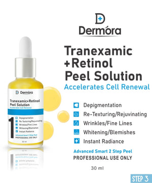 Dermora Professional 6% Medium Advanced 2-Step Tranexamic + Retinol Peel Kit With 5-Steps | Enzyme Cleanser Peel (12g) | Pre Peel Cleanser (100ml) | Tranexamic + Retinol Peel Solution (30ml) | Tranexamic + Retinol Peel Cream (30ml) | Post Peel Neutralizer (100ml)