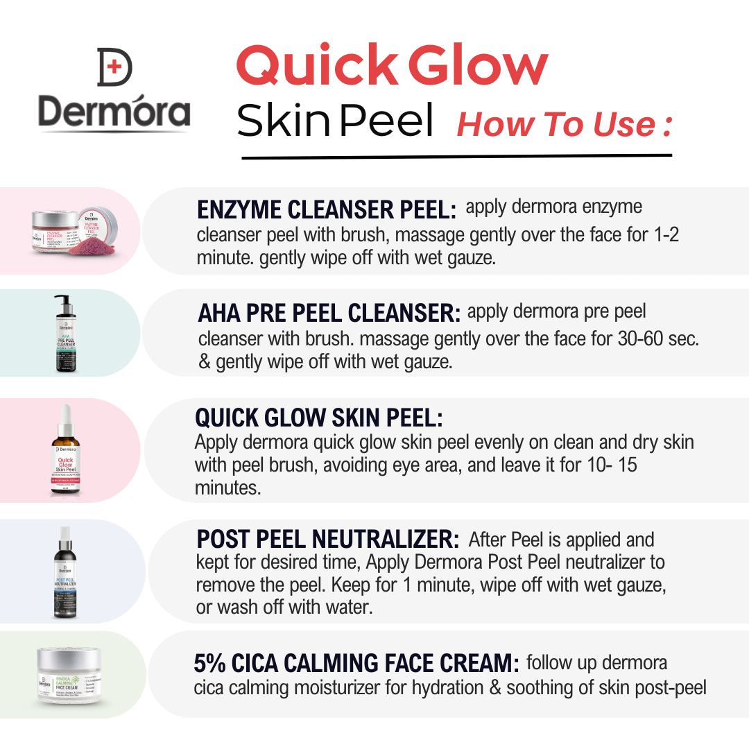 Dermora Professional Quick Glow Skin Peel Kit With 5-Steps | Enzyme Cleanser Peel (12g) | Pre Peel Cleanser (100ml) | Quick Glow Skin Peel (30ml) | Post Peel Neutralizer (100ml) | CICA Calming Face Cream (30ml) - Dermora