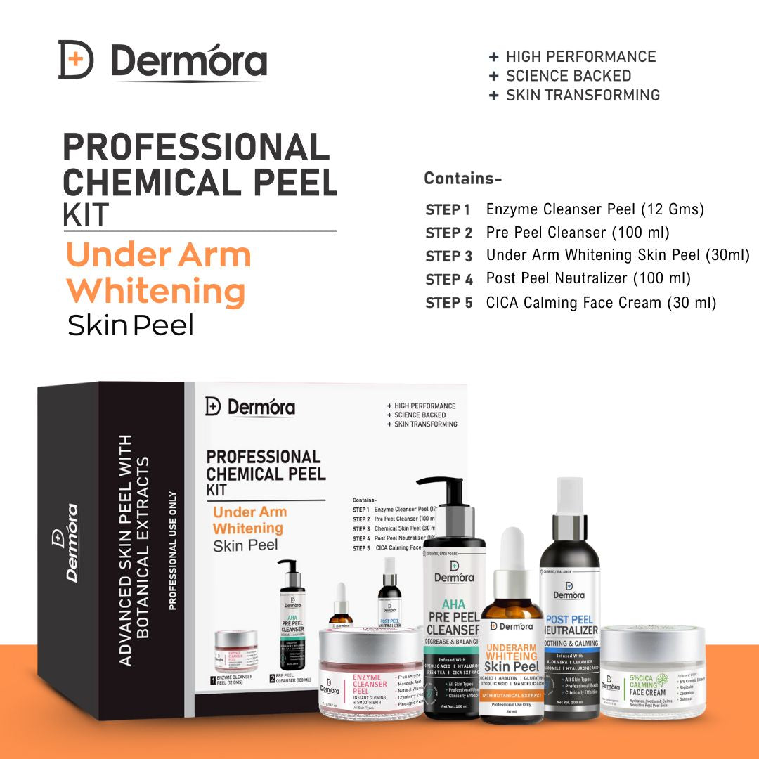 Dermora Professional Underarm Whitening Skin Peel Kit With 5-Steps | Enzyme Cleanser Peel (12g) | Pre Peel Cleanser (100ml) | Underarm Whitening Skin Peel (30ml) | Post Peel Neutralizer (100ml) | CICA Calming Face Cream (30ml)