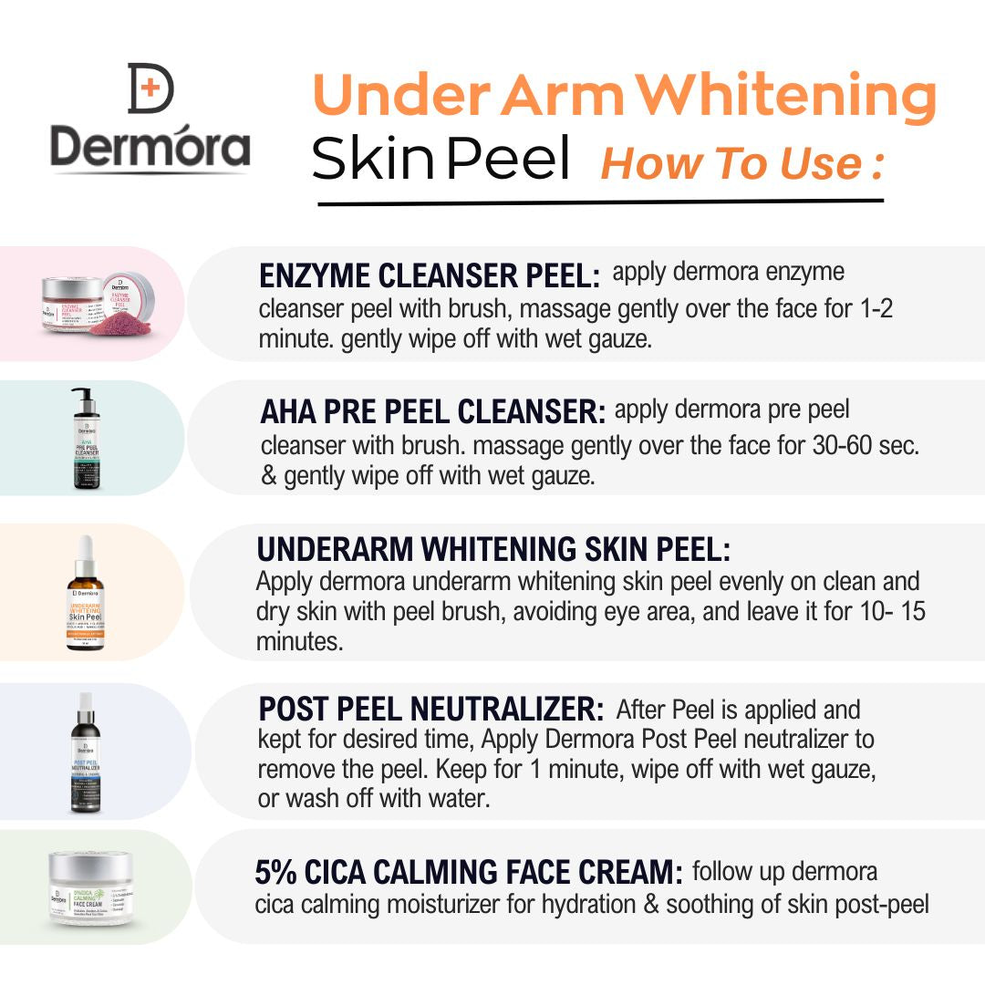 Dermora Professional Underarm Whitening Skin Peel Kit With 5-Steps | Enzyme Cleanser Peel (12g) | Pre Peel Cleanser (100ml) | Underarm Whitening Skin Peel (30ml) | Post Peel Neutralizer (100ml) | CICA Calming Face Cream (30ml)