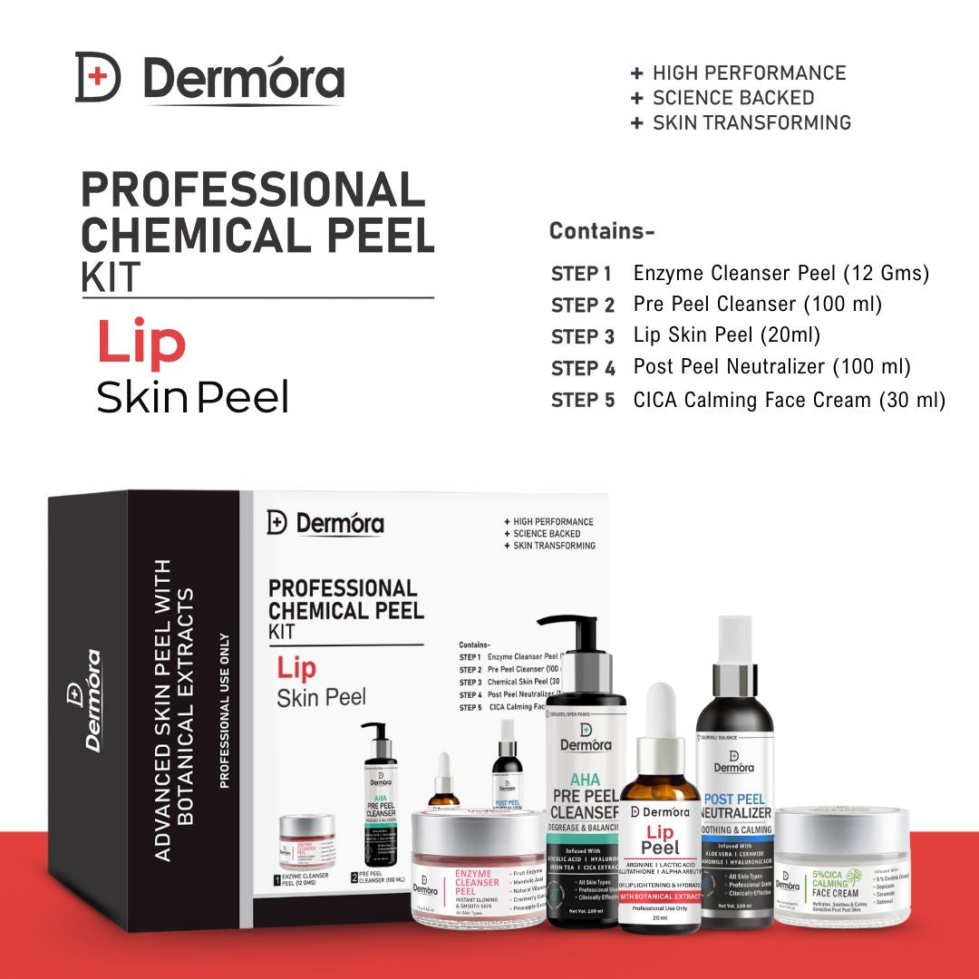 Dermora Professional Lip Peel Kit With 5-Steps | Enzyme Cleanser Peel (12g) | Pre Peel Cleanser (100ml) | Lip Peel (30ml) | Post Peel Neutralizer (100ml) | CICA Calming Face Cream (30ml)