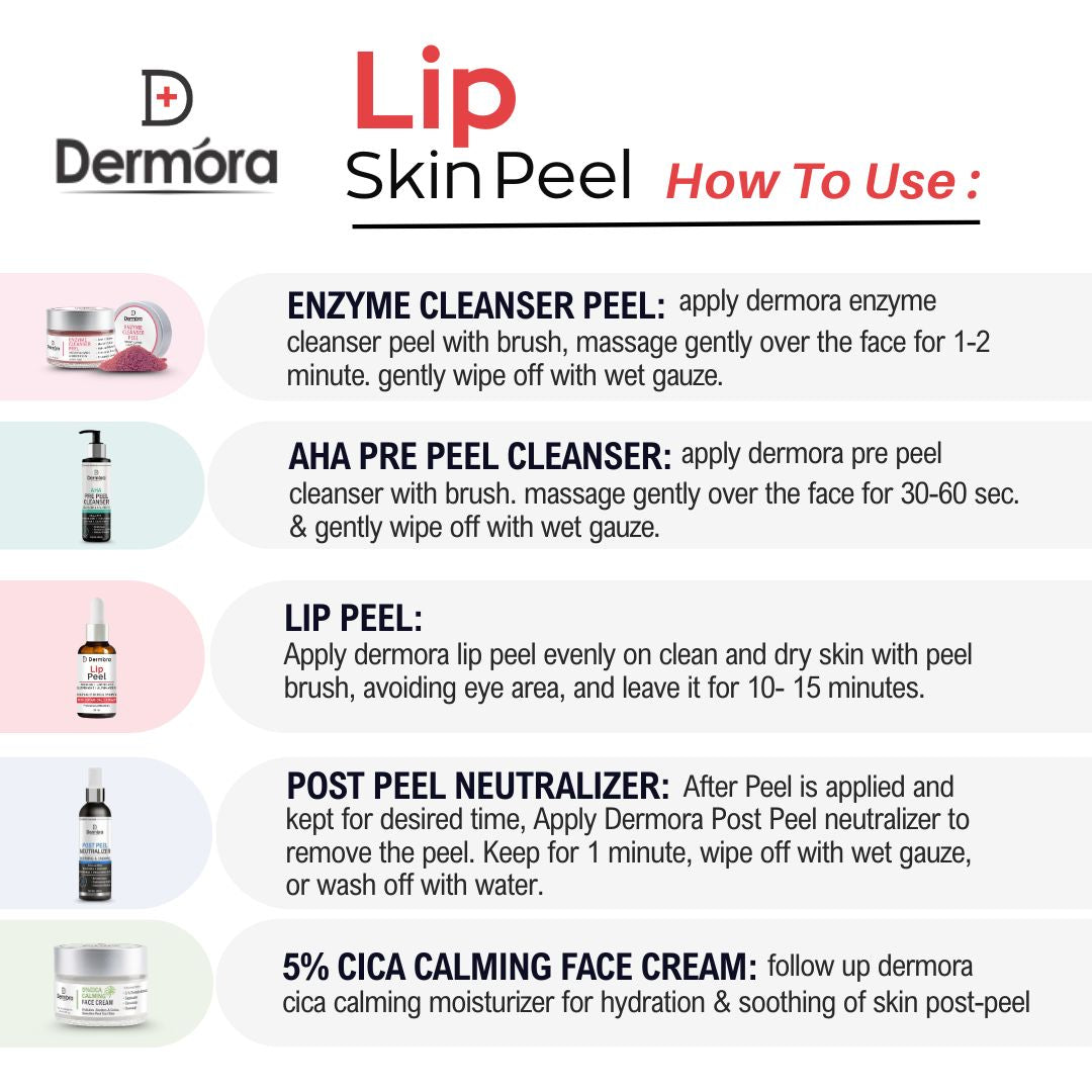 Dermora Professional Lip Peel Kit With 5-Steps | Enzyme Cleanser Peel (12g) | Pre Peel Cleanser (100ml) | Lip Peel (30ml) | Post Peel Neutralizer (100ml) | CICA Calming Face Cream (30ml)