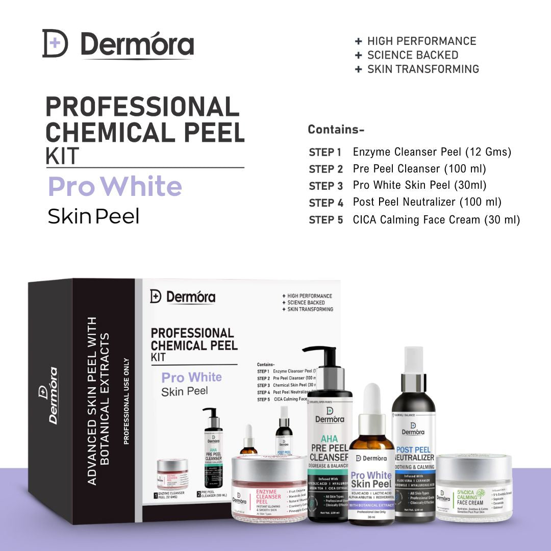 Dermora Professional Pro White Skin Peel Kit With 5-Steps | Enzyme Cleanser Peel (12g) | Pre Peel Cleanser (100ml) | Pro White Skin Peel (30ml) | Post Peel Neutralizer (100ml) | CICA Calming Face Cream (30ml)