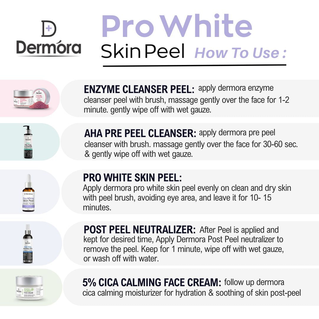 Dermora Professional Pro White Skin Peel Kit With 5-Steps | Enzyme Cleanser Peel (12g) | Pre Peel Cleanser (100ml) | Pro White Skin Peel (30ml) | Post Peel Neutralizer (100ml) | CICA Calming Face Cream (30ml)