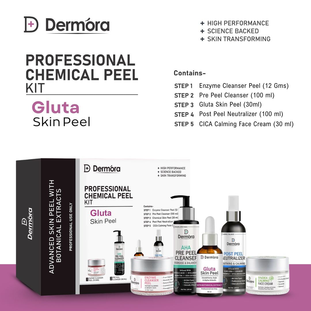 Dermora Professional Gluta Skin Peel Kit With 5-Steps | Enzyme Cleanser Peel (12g) | Pre Peel Cleanser (100ml) | Gluta Skin Peel (30ml) | Post Peel Neutralizer (100ml) | CICA Calming Face Cream (30ml)