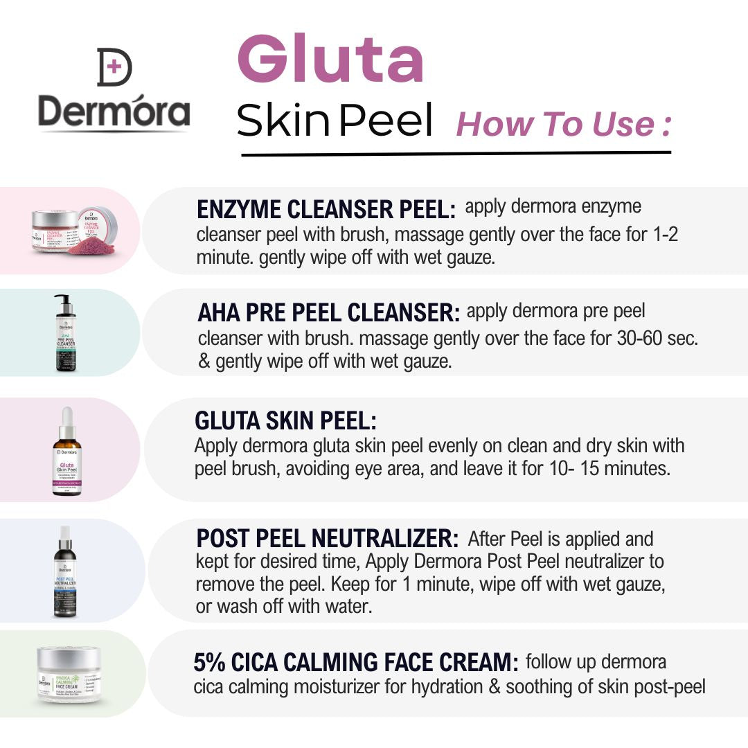 Dermora Professional Gluta Skin Peel Kit With 5-Steps | Enzyme Cleanser Peel (12g) | Pre Peel Cleanser (100ml) | Gluta Skin Peel (30ml) | Post Peel Neutralizer (100ml) | CICA Calming Face Cream (30ml)
