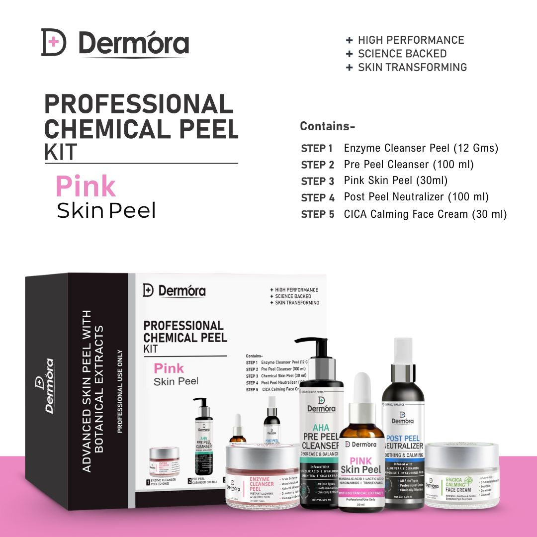 Dermora Professional Pink Skin Peel Kit With 5-Steps | Enzyme Cleanser Peel (12g) | Pre Peel Cleanser (100ml) | Pink Skin Peel (30ml) | Post Peel Neutralizer (100ml) | CICA Calming Face Cream (30ml)