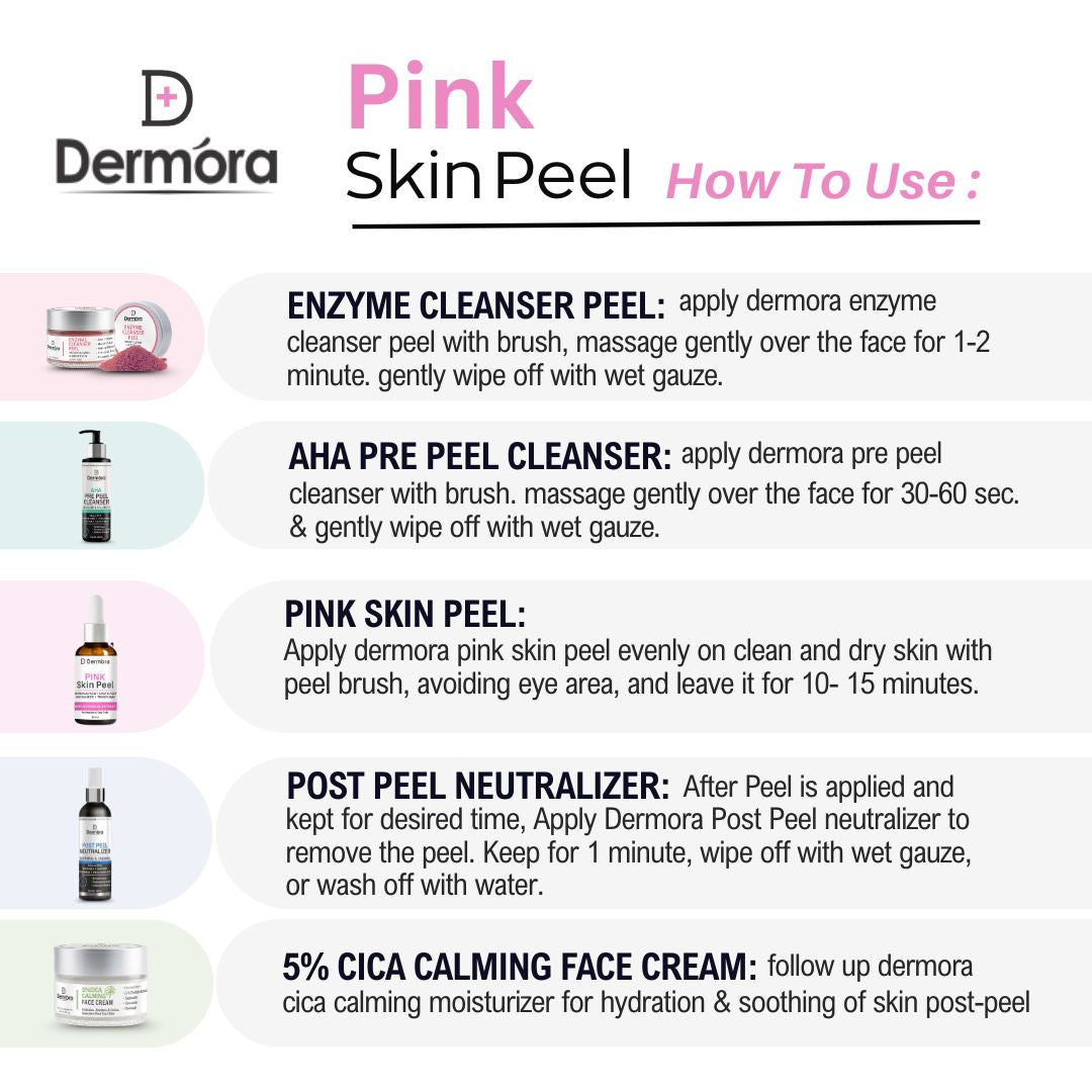 Dermora Professional Pink Skin Peel Kit With 5-Steps | Enzyme Cleanser Peel (12g) | Pre Peel Cleanser (100ml) | Pink Skin Peel (30ml) | Post Peel Neutralizer (100ml) | CICA Calming Face Cream (30ml)