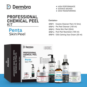 Dermora Professional Penta Skin Peel Kit With 5-Steps | Enzyme Cleanser Peel (12g) | Pre Peel Cleanser (100ml) | Penta Skin Peel (30ml) | Post Peel Neutralizer (100ml) | CICA Calming Face Cream (30ml)