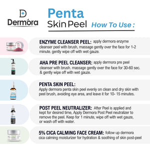 Dermora Professional Penta Skin Peel Kit With 5-Steps | Enzyme Cleanser Peel (12g) | Pre Peel Cleanser (100ml) | Penta Skin Peel (30ml) | Post Peel Neutralizer (100ml) | CICA Calming Face Cream (30ml) - Dermora