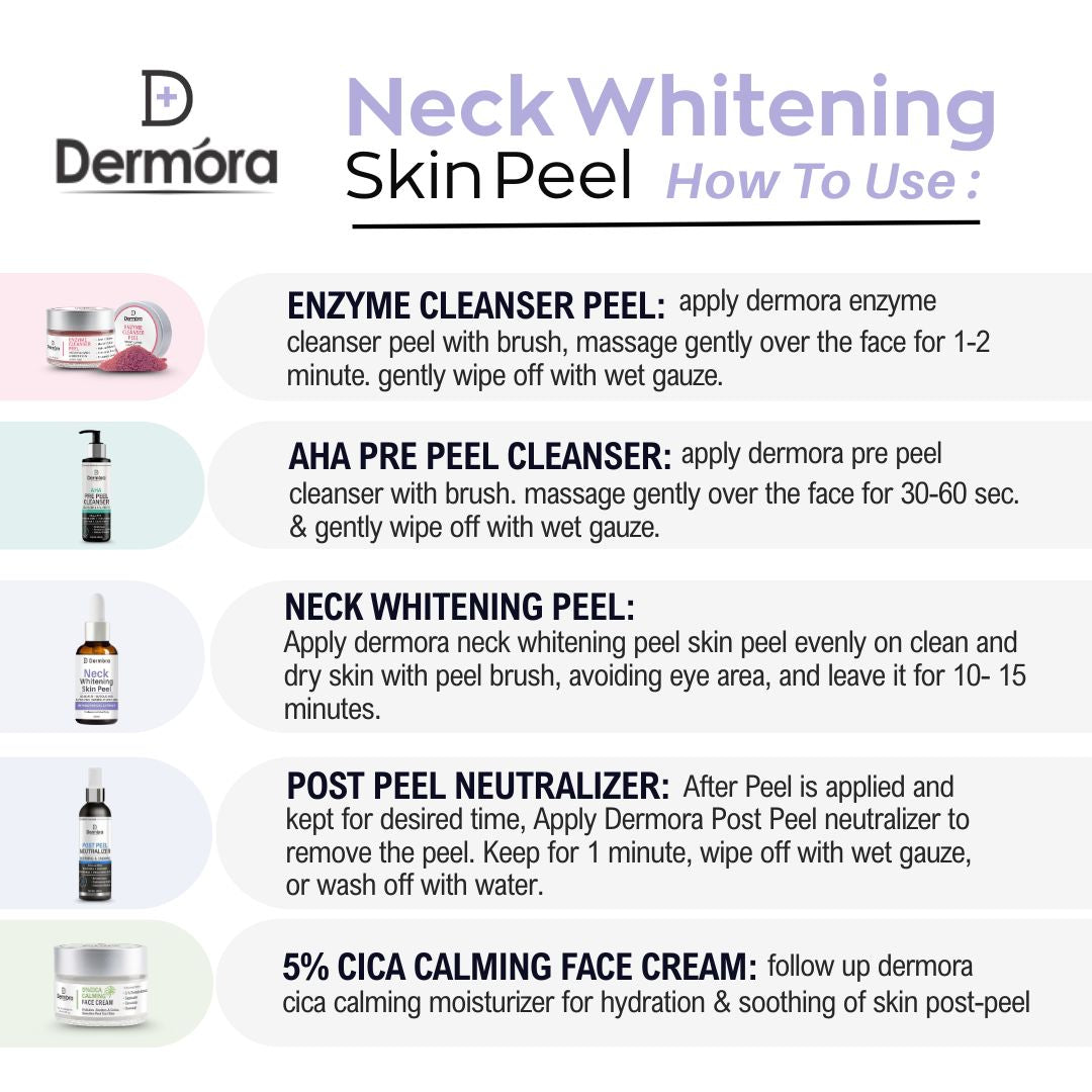 Dermora Professional Neck Whitening Peel Kit With 5-Steps | Enzyme Cleanser Peel (12g) | Pre Peel Cleanser (100ml) | Neck Whitening Peel (30ml) | Post Peel Neutralizer (100ml) | CICA Calming Face Cream (30ml)