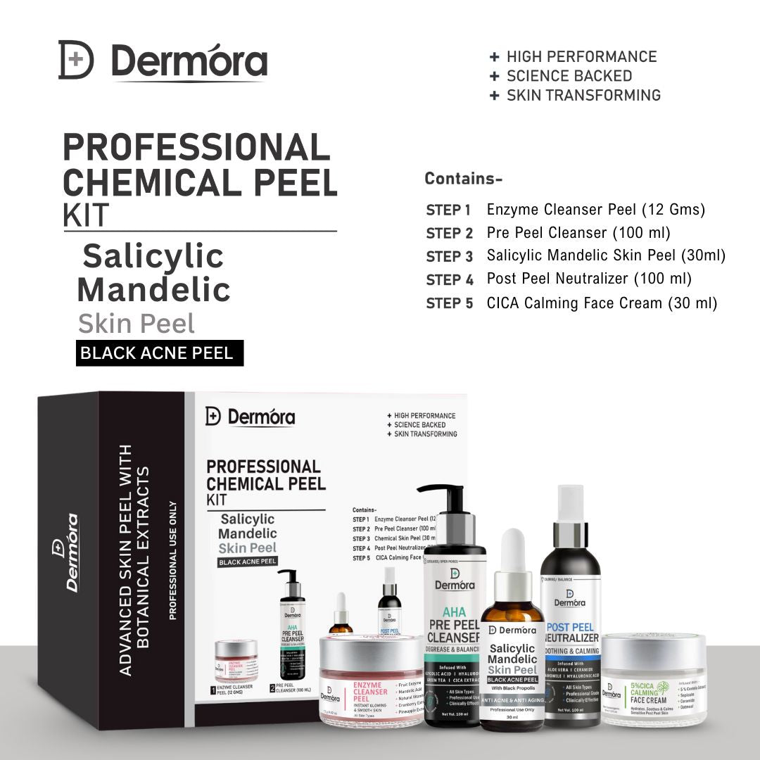 Dermora Professional Salicylic Mandelic Skin Peel Kit With 5-Steps | Enzyme Cleanser Peel (12g) | Pre Peel Cleanser (100ml) | Salicylic Mandelic Skin Peel (30ml) | Post Peel Neutralizer (100ml) | CICA Calming Face Cream (30ml)