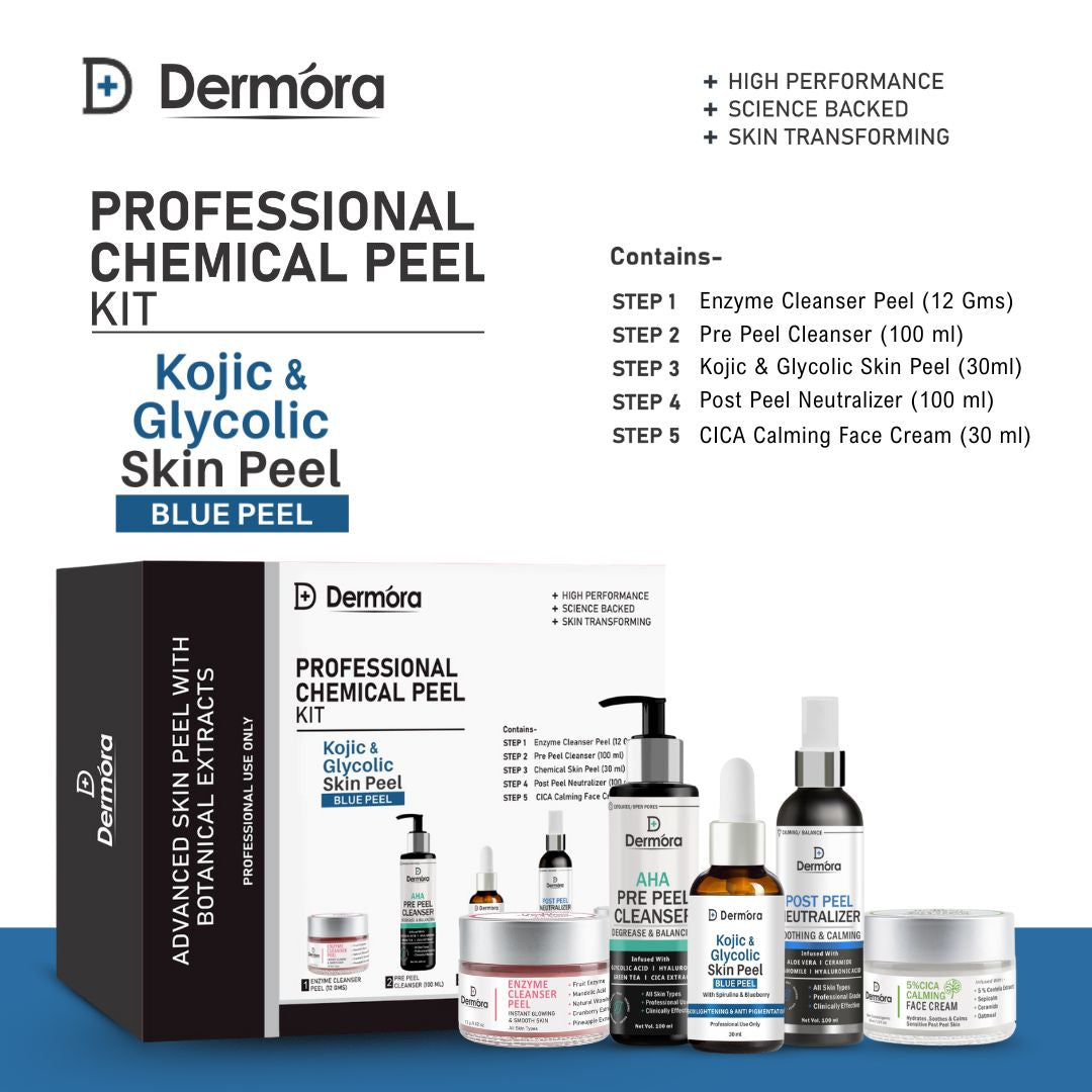 Dermora Professional Kojic & Glycolic Skin Peel Kit With 5-Steps | Enzyme Cleanser Peel (12g) | Pre Peel Cleanser (100ml) | Kojic & Glycolic Skin Peel (30ml) | Post Peel Neutralizer (100ml) | CICA Calming Face Cream (30ml)