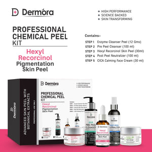 Dermora Professional Hexyl Recorcinol Skin Peel Kit With 5-Steps | Enzyme Cleanser Peel (12g) | Pre Peel Cleanser (100ml) | Hexyl Recorcinol Skin Peel (30ml) | Post Peel Neutralizer (100ml) | CICA Calming Face Cream (30ml)