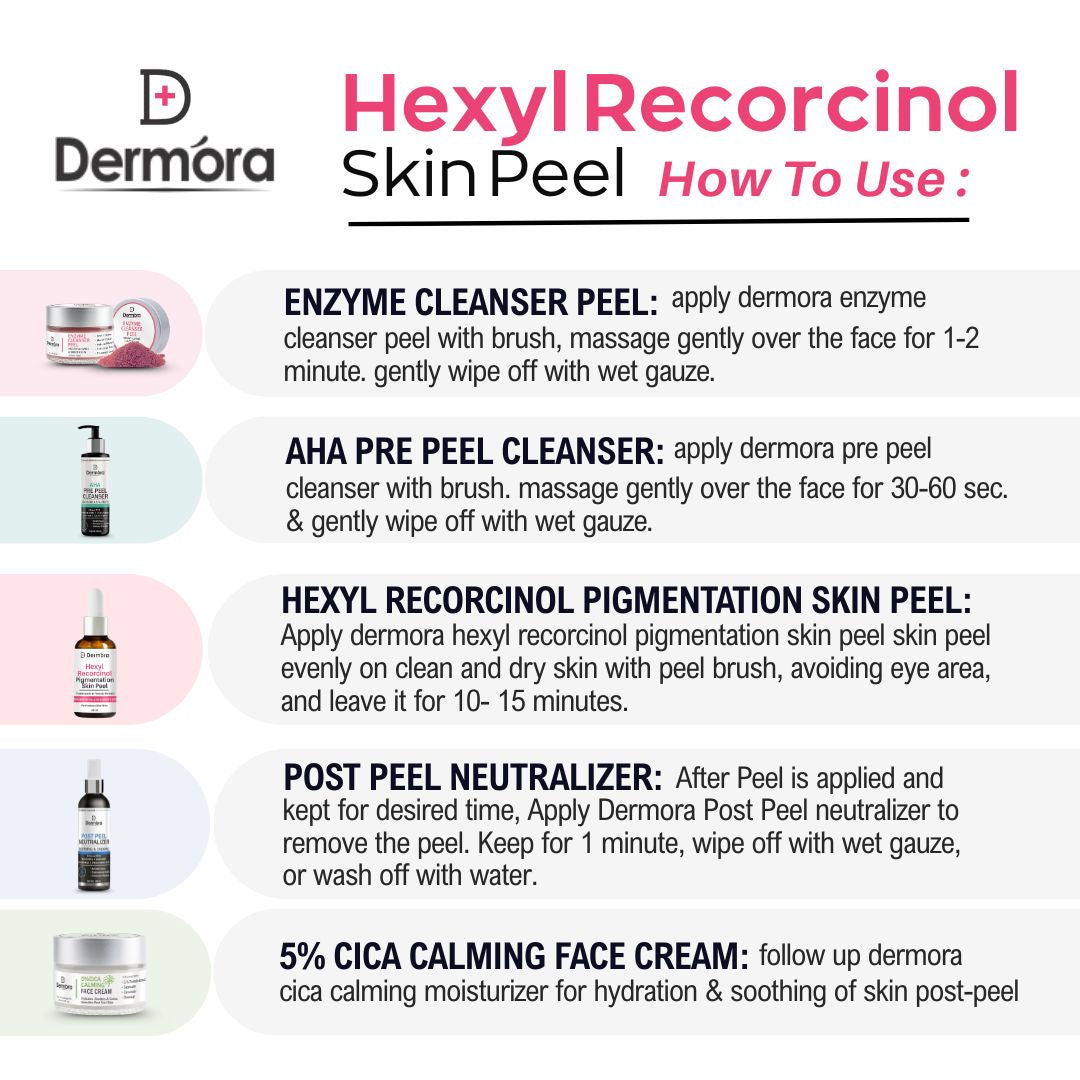 Dermora Professional Hexyl Recorcinol Skin Peel Kit With 5-Steps | Enzyme Cleanser Peel (12g) | Pre Peel Cleanser (100ml) | Hexyl Recorcinol Skin Peel (30ml) | Post Peel Neutralizer (100ml) | CICA Calming Face Cream (30ml)