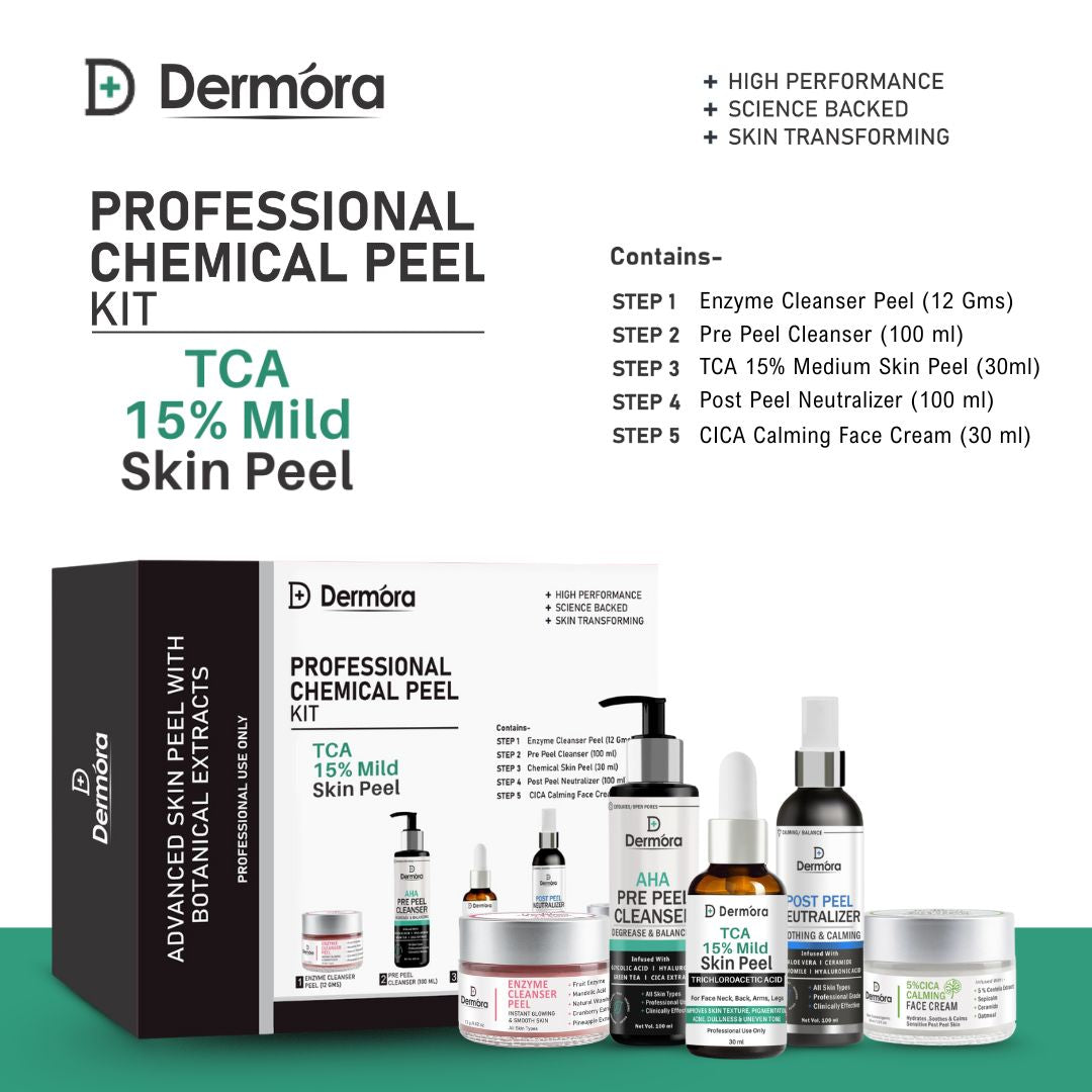 Dermora Professional 15% TCA Mild Skin Peel Kit With 5-Steps | Enzyme Cleanser Peel (12g) | Pre Peel Cleanser (100ml) | 15% TCA Mild Skin Peel (30ml) | Post Peel Neutralizer (100ml) | CICA Calming Face Cream (30ml)