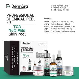 Dermora Professional 15% TCA Mild Skin Peel Kit With 5-Steps | Enzyme Cleanser Peel (12g) | Pre Peel Cleanser (100ml) | 15% TCA Mild Skin Peel (30ml) | Post Peel Neutralizer (100ml) | CICA Calming Face Cream (30ml)