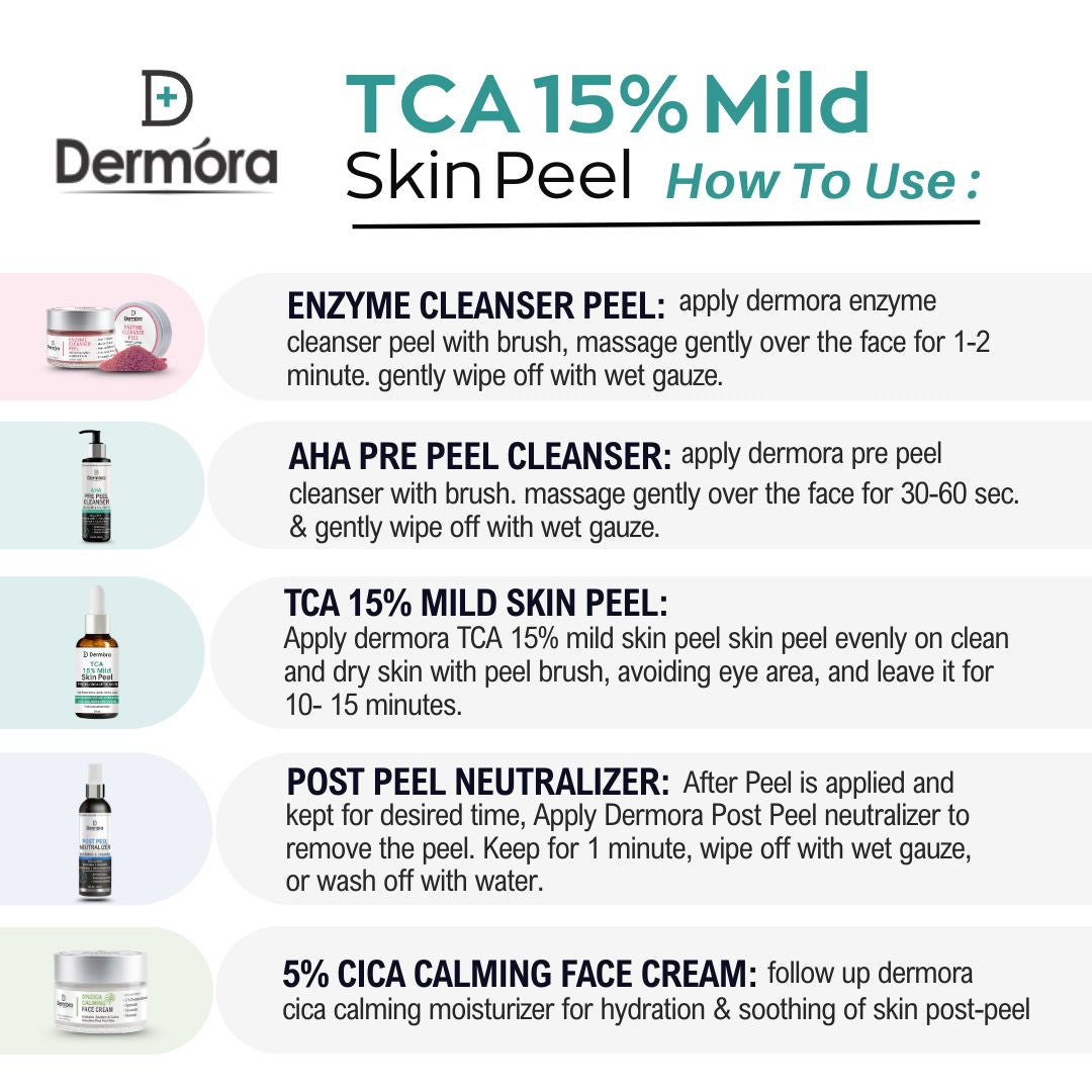 Dermora Professional 15% TCA Mild Skin Peel Kit With 5-Steps | Enzyme Cleanser Peel (12g) | Pre Peel Cleanser (100ml) | 15% TCA Mild Skin Peel (30ml) | Post Peel Neutralizer (100ml) | CICA Calming Face Cream (30ml)