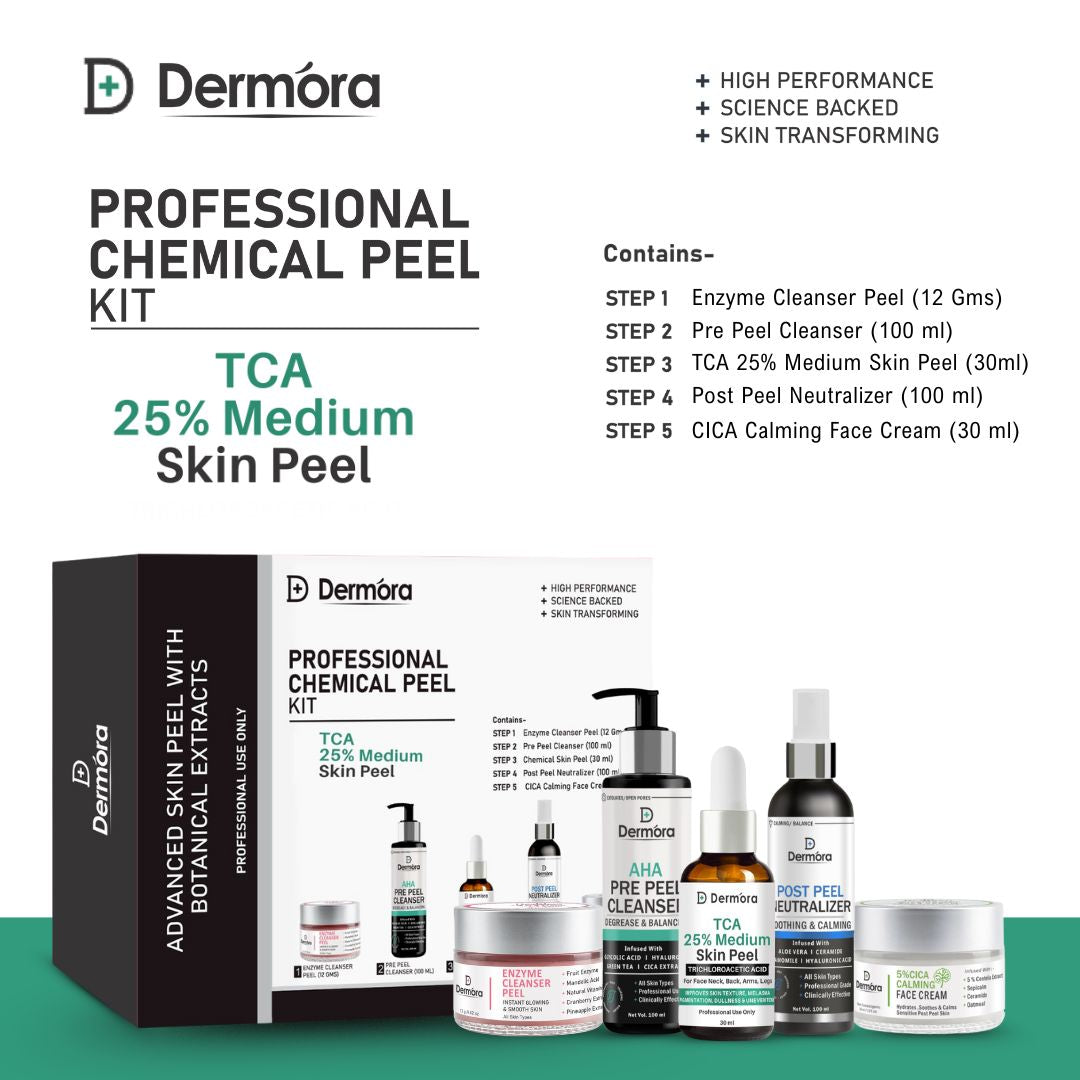Dermora Professional 25% TCA Mild Skin Peel Kit With 5-Steps | Enzyme Cleanser Peel (12g) | Pre Peel Cleanser (100ml) | 25% TCA Mild Skin Peel (30ml) | Post Peel Neutralizer (100ml) | CICA Calming Face Cream (30ml)