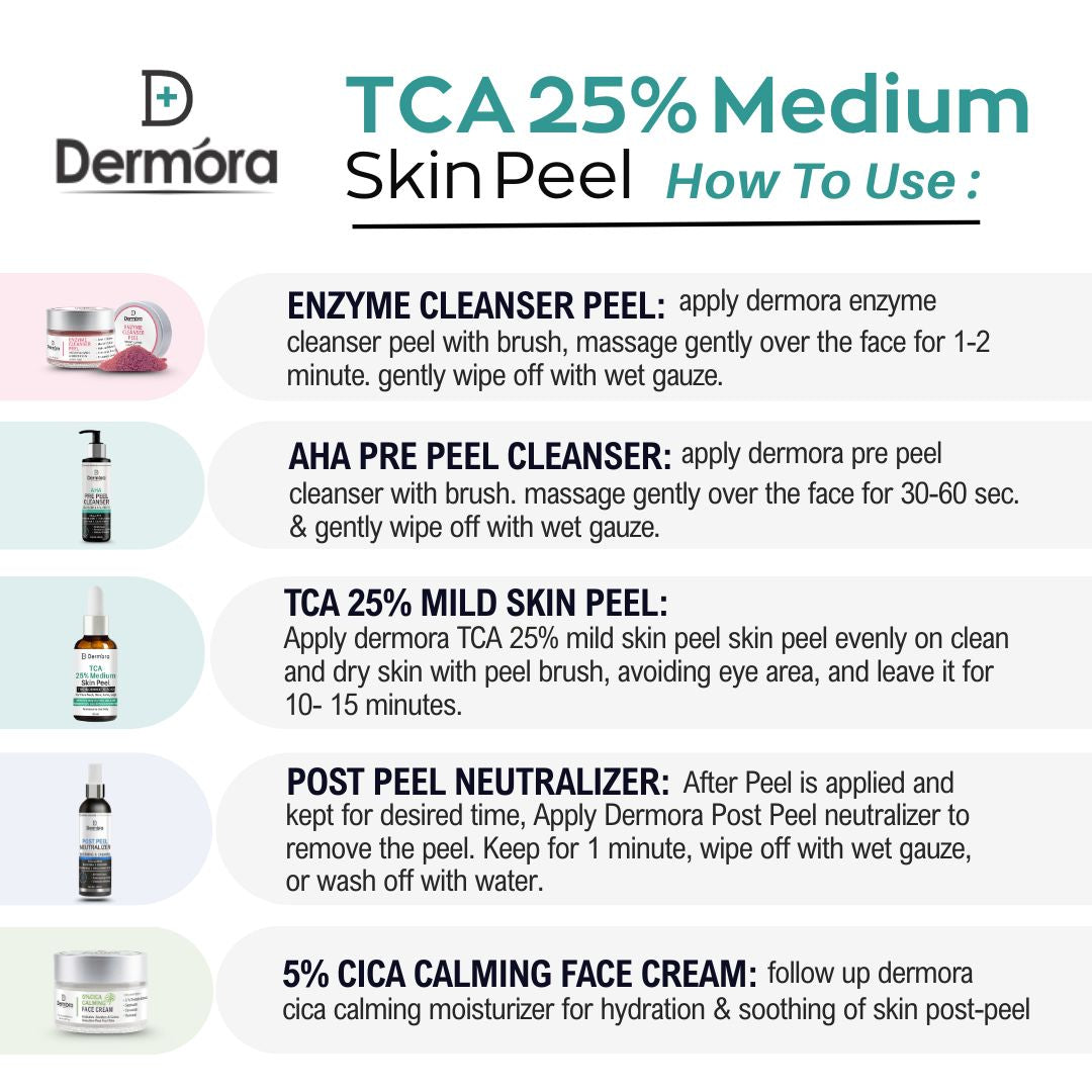 Dermora Professional 25% TCA Mild Skin Peel Kit With 5-Steps | Enzyme Cleanser Peel (12g) | Pre Peel Cleanser (100ml) | 25% TCA Mild Skin Peel (30ml) | Post Peel Neutralizer (100ml) | CICA Calming Face Cream (30ml)