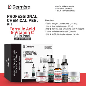 Dermora Professional Ferrulic Acid & Vitamin-C Skin Peel Kit With 5-Steps | Enzyme Cleanser Peel (12g) | Pre Peel Cleanser (100ml) | Ferrulic Acid & Vitamin-C Skin Peel (30ml) | Post Peel Neutralizer (100ml) | CICA Calming Face Cream (30ml)
