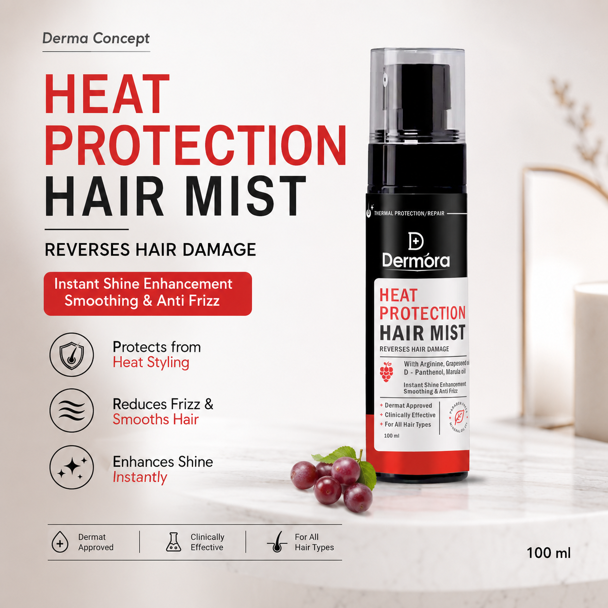 Heat protection hair mist - 100 ml Fights Frizz & Adds Shine