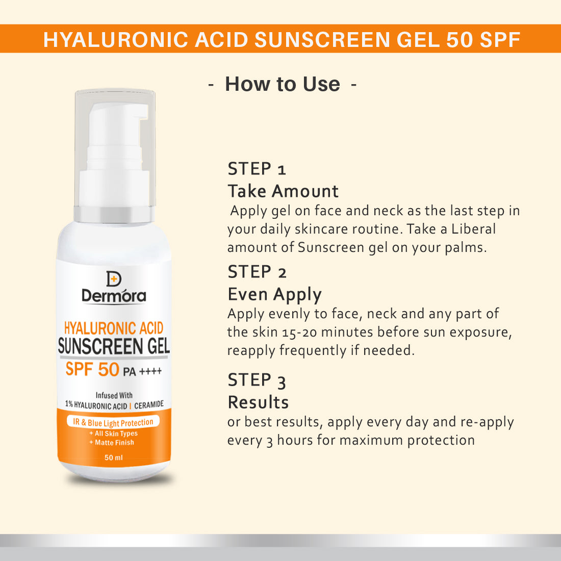 Dermora Hyaluronic Acid Sunscreen Gel with SPF 50 ++++ | 100 ml - Dermora