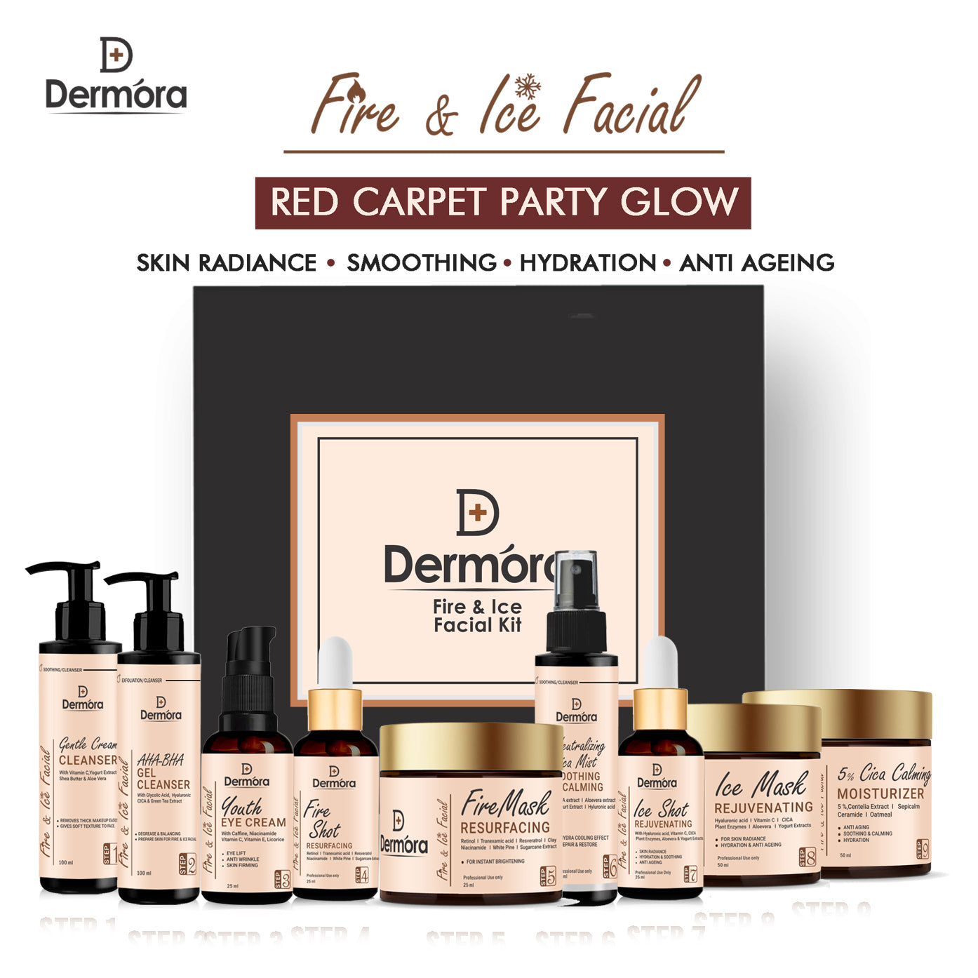 Dermora Fire & Ice Facial Kit Treatment For Red Carpet Party Glow 525 ml (Pack of 9)
