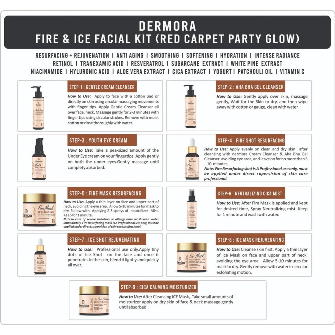 Dermora Fire & Ice Facial Kit Treatment For Red Carpet Party Glow 525 ml (Pack of 9)