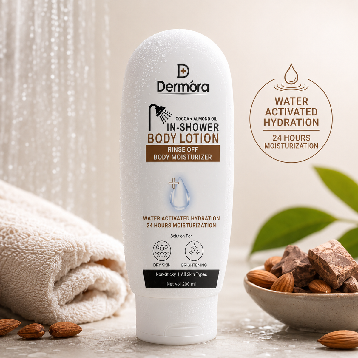 Dermora Cocoa + Almond In-Shower Body Lotion 120 ml Deep 24H Hydration, Softens & Locks Moist