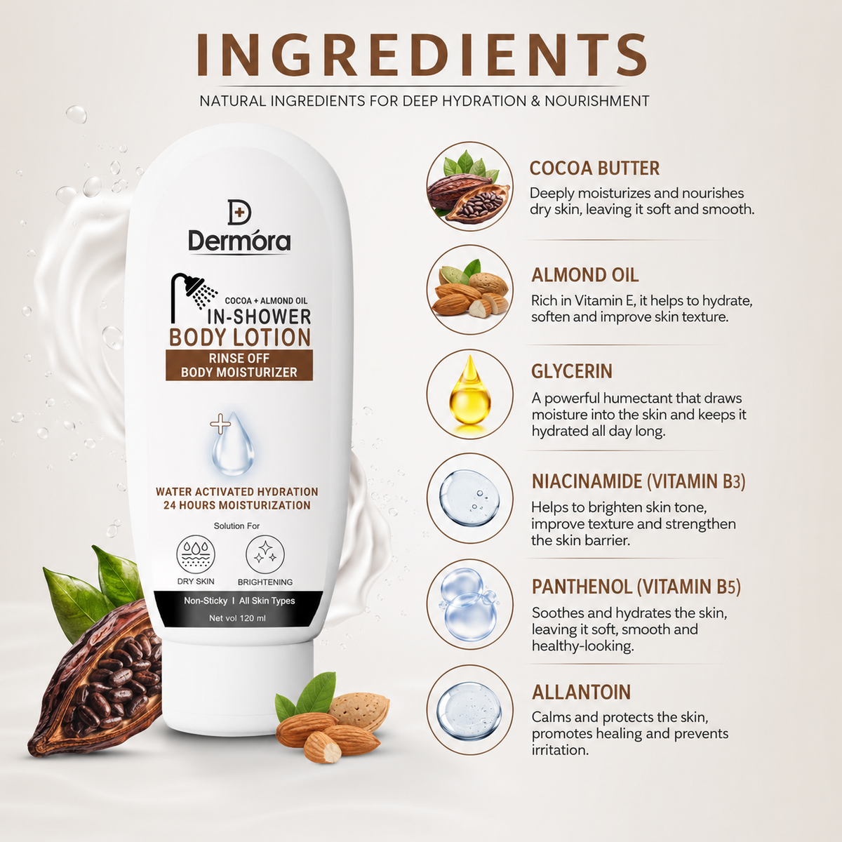 Dermora Cocoa + Almond In-Shower Body Lotion 120 ml Deep 24H Hydration, Softens & Locks Moist