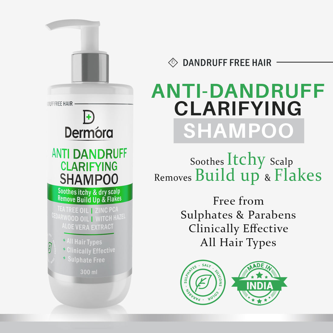Anti-Dandruff Clarifying Shampoo Reduces Dandruff, Flakes, Soothes Scalp 300 Ml - Dermora