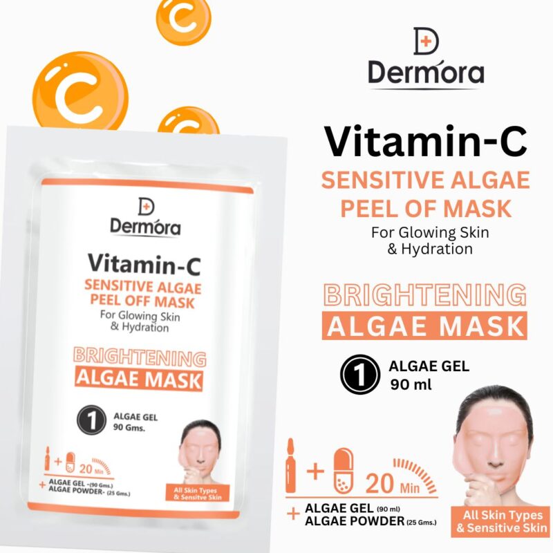 Dermora Vitamin C Sensitive Algae Peel Off Face Mask, Hydrating, Brightening & Reduce Dark Spots For Women & Men Pack of 2 (Powder 90 Gms.+ Gel 25 Gms)
