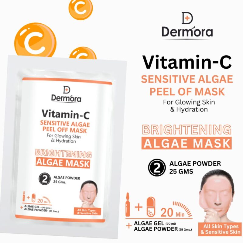 Dermora Vitamin C Sensitive Algae Peel Off Face Mask, Hydrating, Brightening & Reduce Dark Spots For Women & Men Pack of 2 (Powder 90 Gms.+ Gel 25 Gms)