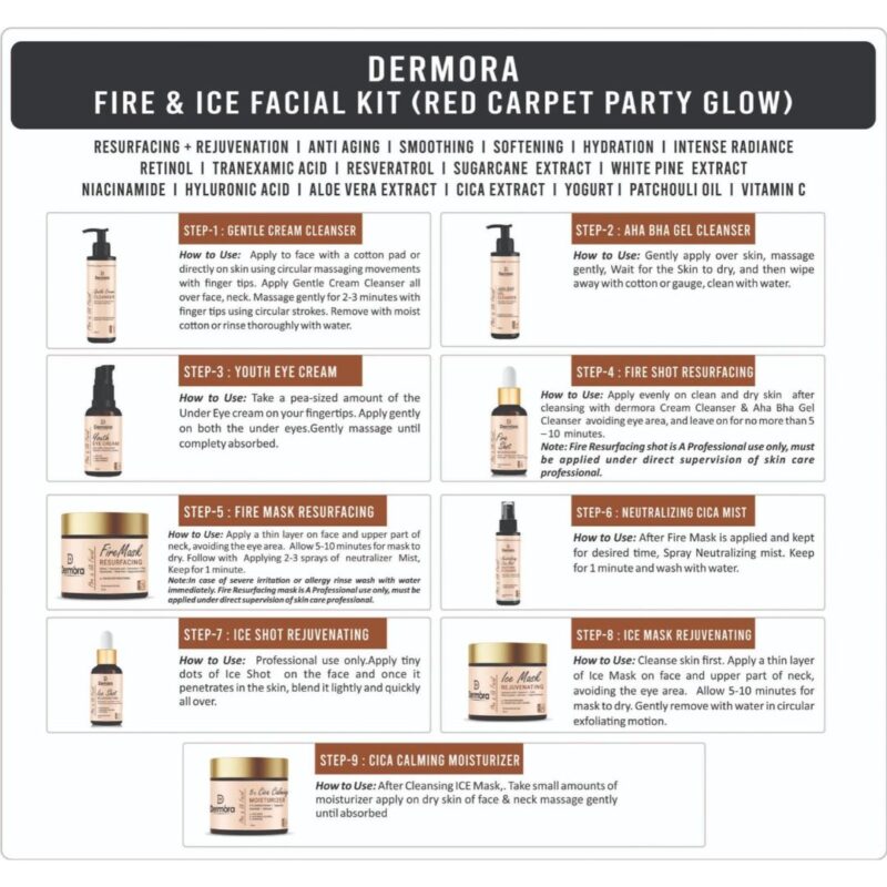 Dermora Fire & Ice Facial Kit Treatment For Red Carpet Party Glow 525 ml (Pack of 9)