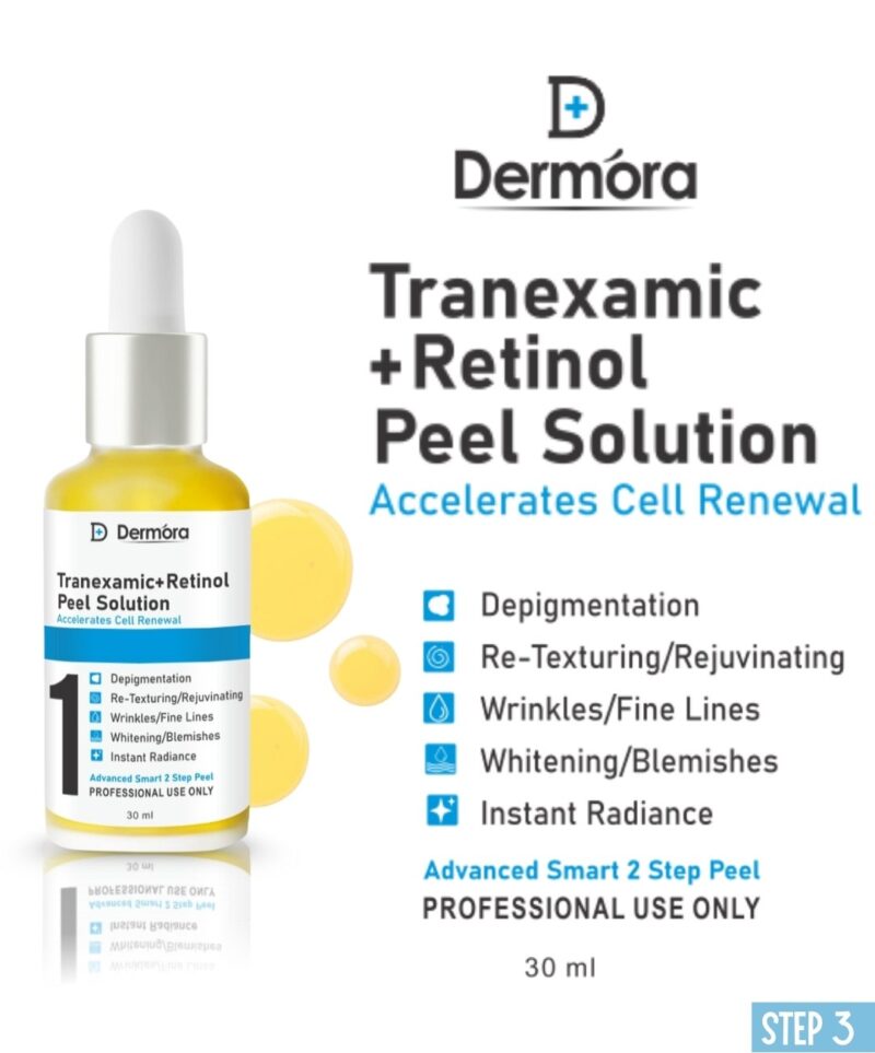 Dermora Professional 6% Medium Advanced 2-Step Tranexamic + Retinol Peel Kit With 5-Steps | Enzyme Cleanser Peel (12g) | Pre Peel Cleanser (100ml) | Tranexamic + Retinol Peel Solution (30ml) | Tranexamic + Retinol Peel Cream (30ml) | Post Peel Neutralizer (100ml)