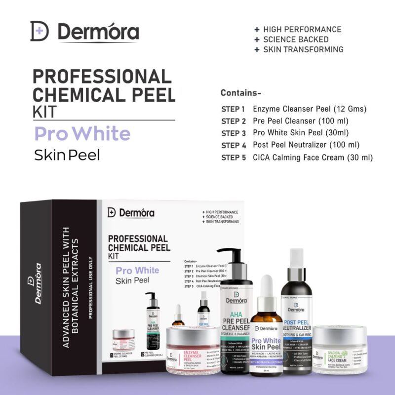 Dermora Professional Pro White Skin Peel Kit With 5-Steps | Enzyme Cleanser Peel (12g) | Pre Peel Cleanser (100ml) | Pro White Skin Peel (30ml) | Post Peel Neutralizer (100ml) | CICA Calming Face Cream (30ml)