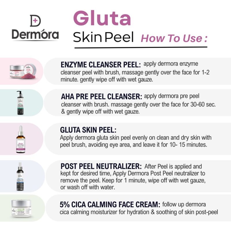 Dermora Professional Gluta Skin Peel Kit With 5-Steps | Enzyme Cleanser Peel (12g) | Pre Peel Cleanser (100ml) | Gluta Skin Peel (30ml) | Post Peel Neutralizer (100ml) | CICA Calming Face Cream (30ml)