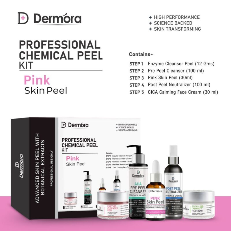 Dermora Professional Pink Skin Peel Kit With 5-Steps | Enzyme Cleanser Peel (12g) | Pre Peel Cleanser (100ml) | Pink Skin Peel (30ml) | Post Peel Neutralizer (100ml) | CICA Calming Face Cream (30ml)